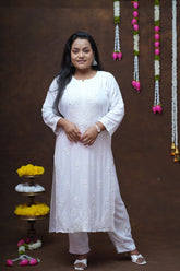 White Rayon Chikankari Kurta Pant Set